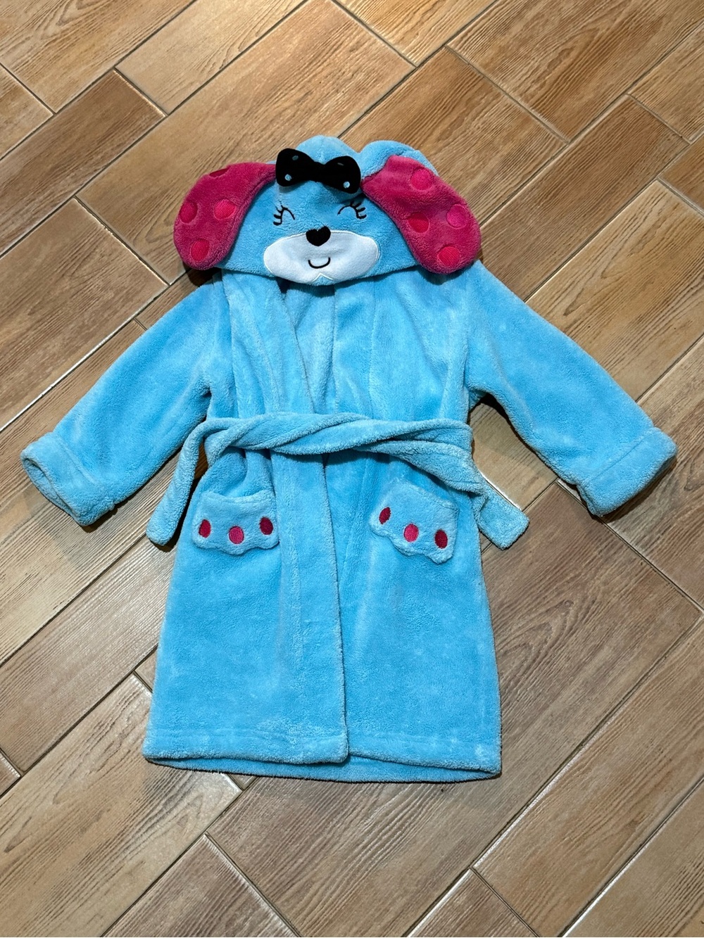 Petit Lem Blue Plush Hooded Puppy Bathrobe